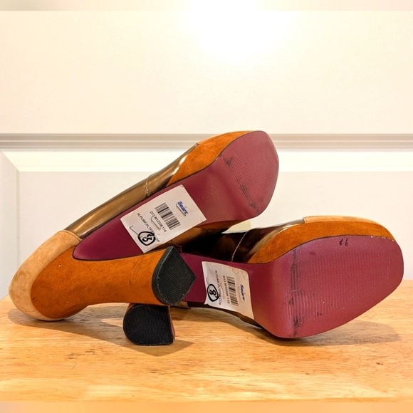 Paris Hilton 8 70s Inspired Suede Platform Pumps in Tan Gold Brown and Plum - Picture 12 of 12